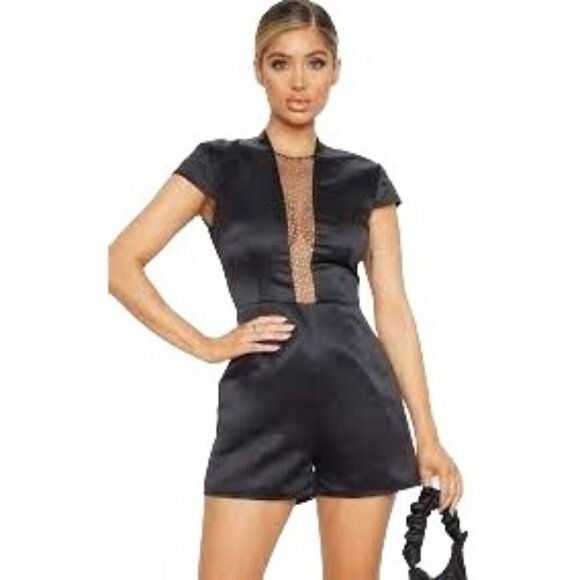 PrettyLittleThing Black Satin Romper - Picture 1 of 10